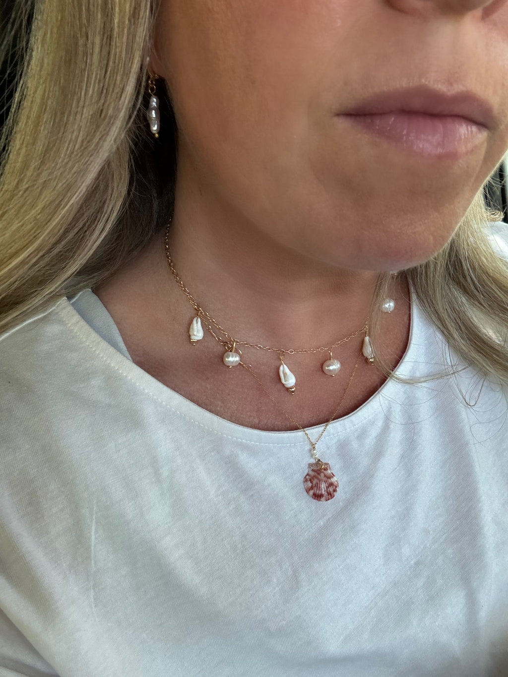 14k Gold Filled chain with shell and tiny pearls