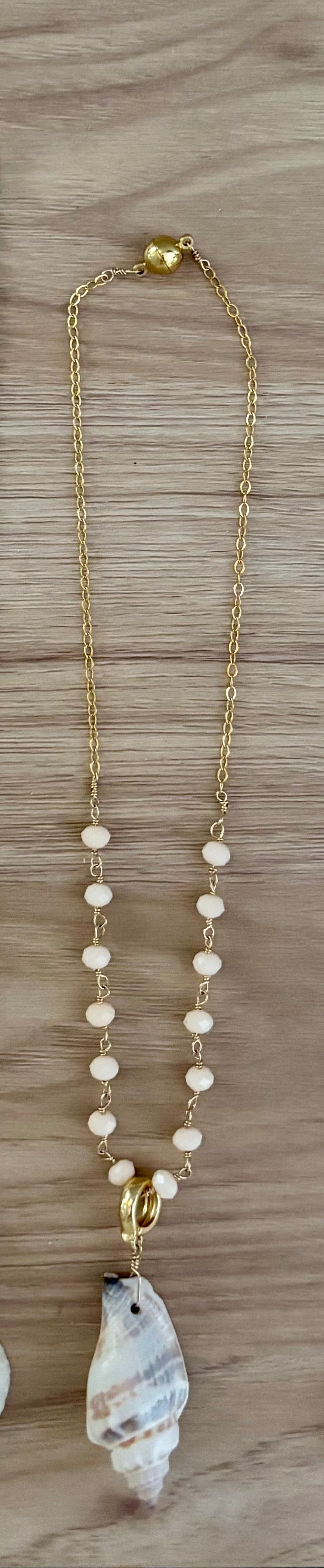 14K Gold Filled Necklace with faceted rose quartz  beads and cone shell