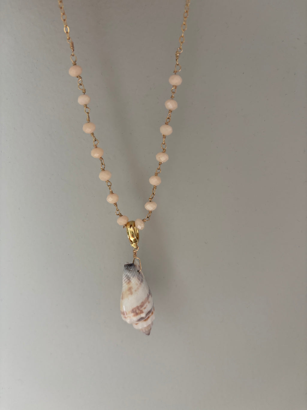 14K Gold Filled Necklace with faceted rose quartz  beads and cone shell