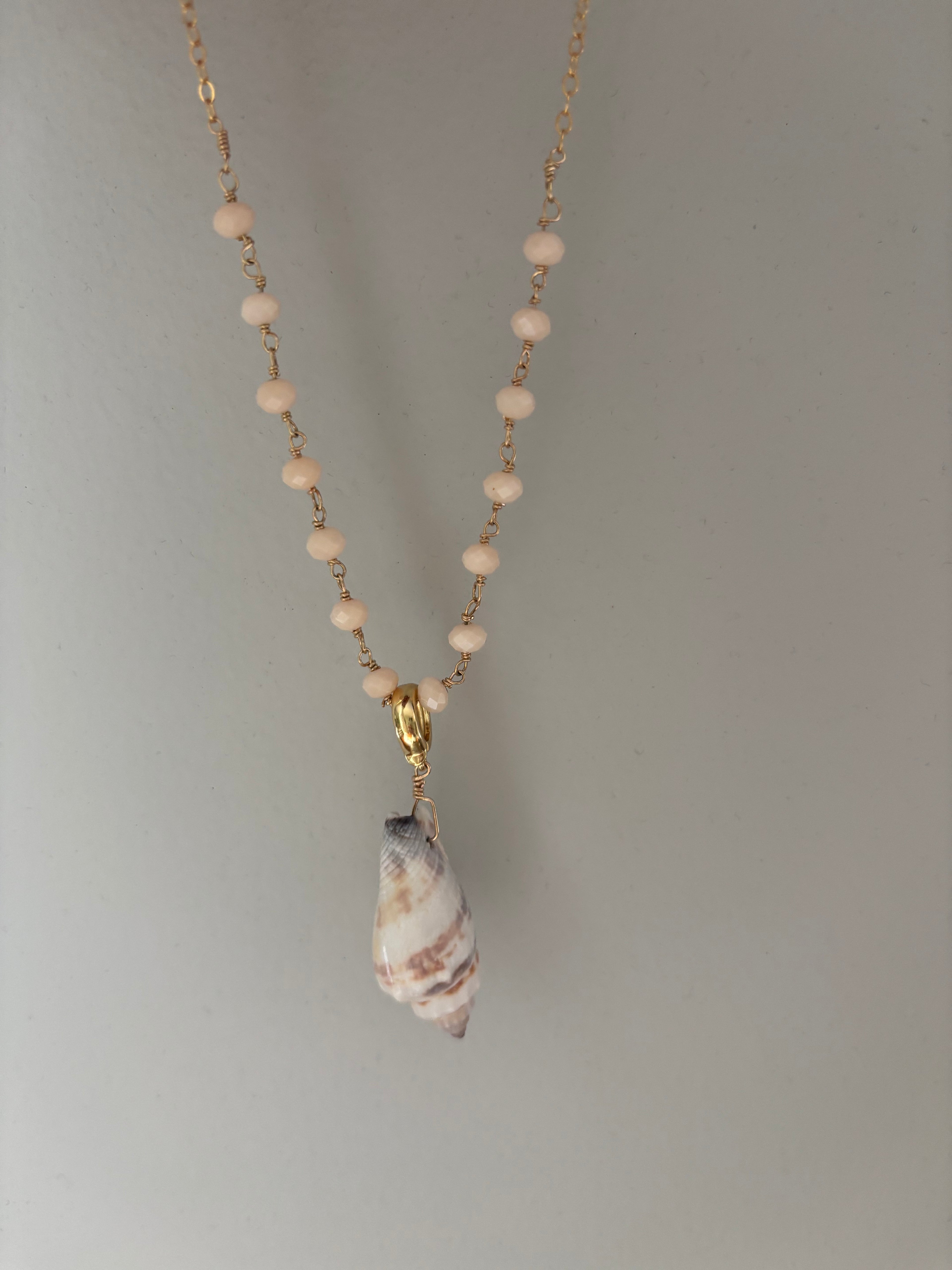 14K Gold Filled Necklace with faceted rose quartz  beads and cone shell