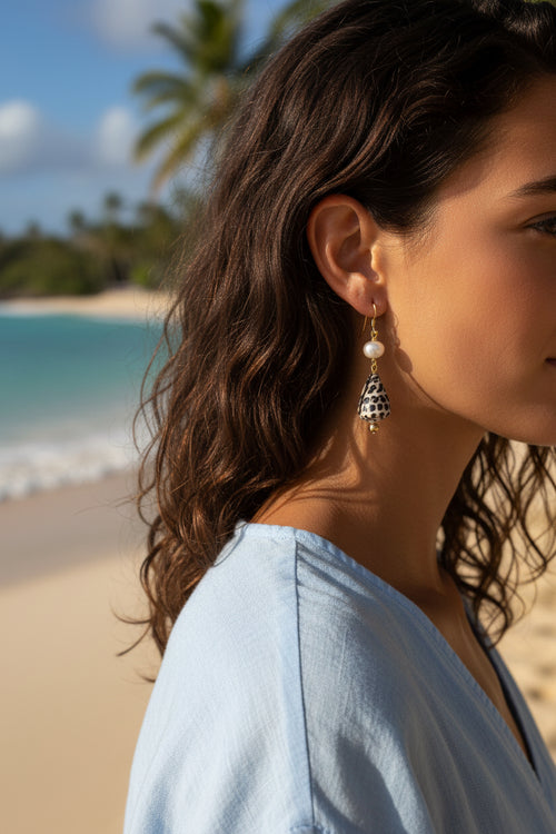 14K Gold filled earrings with cone shell and pearl