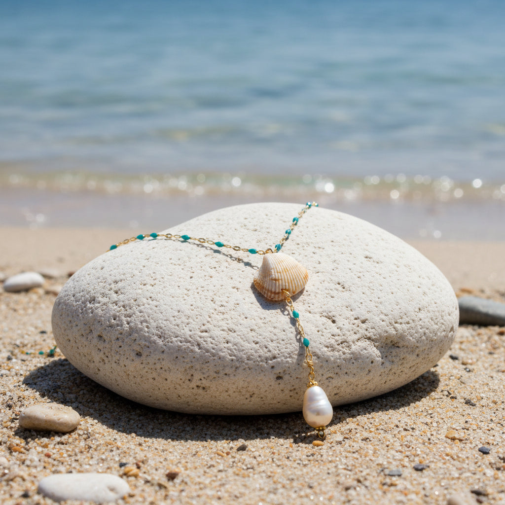 14K Gold plated shell necklace with drop pearl