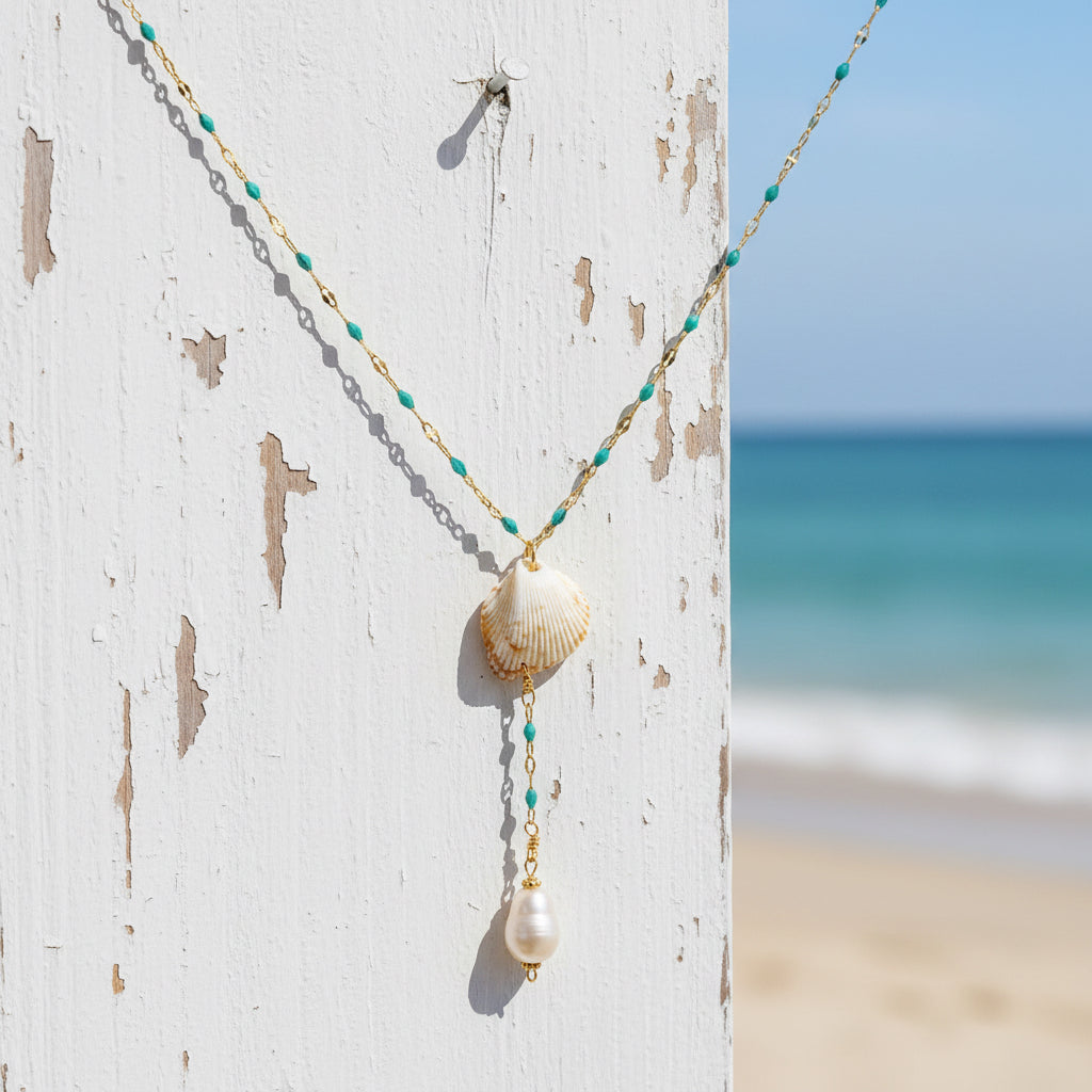 14K Gold plated shell necklace with drop pearl
