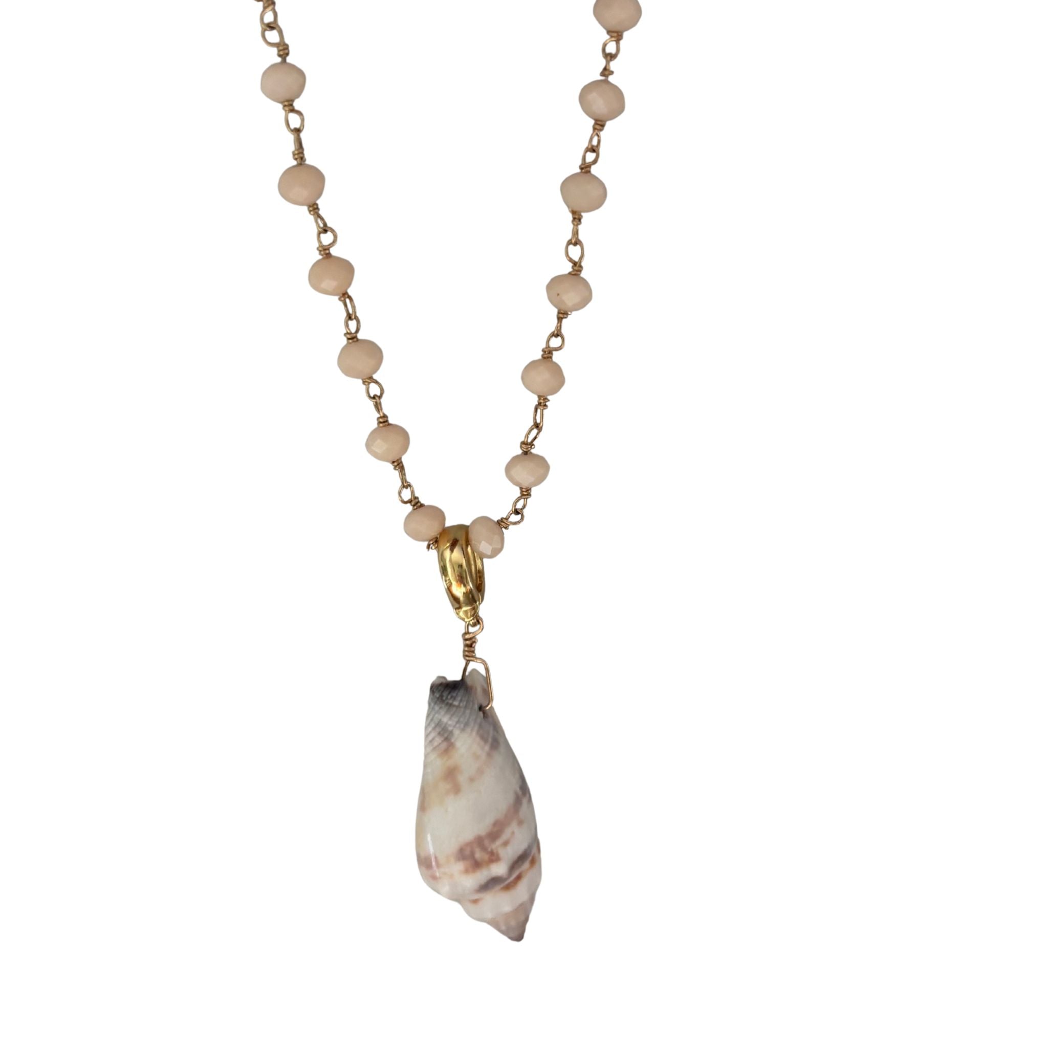 14K Gold Filled Necklace with faceted rose quartz  beads and cone shell