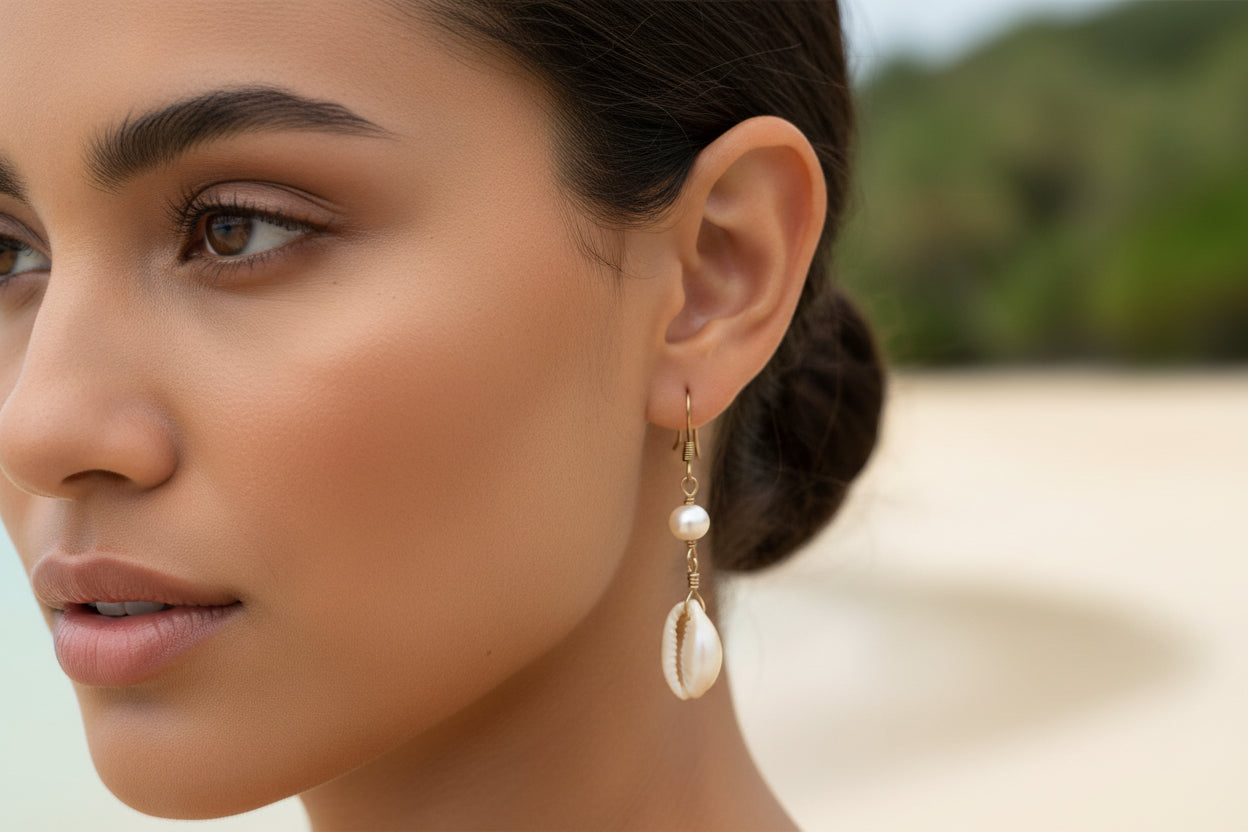 14k Gold Filled Earrings with cowrie shell and pearl