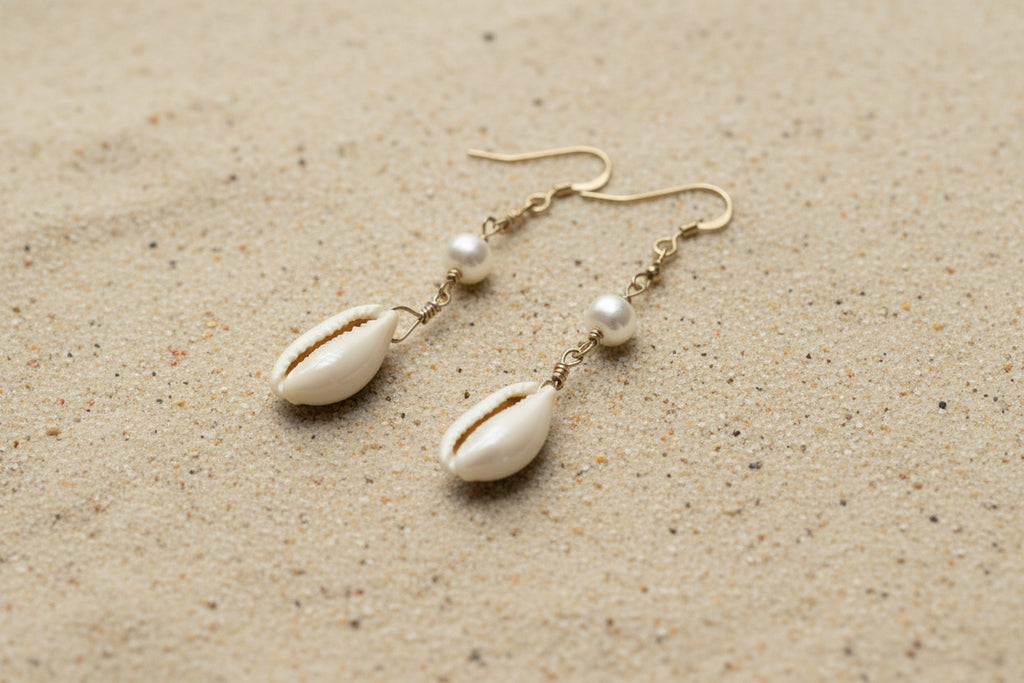 14k Gold Filled Earrings with cowrie shell and pearl