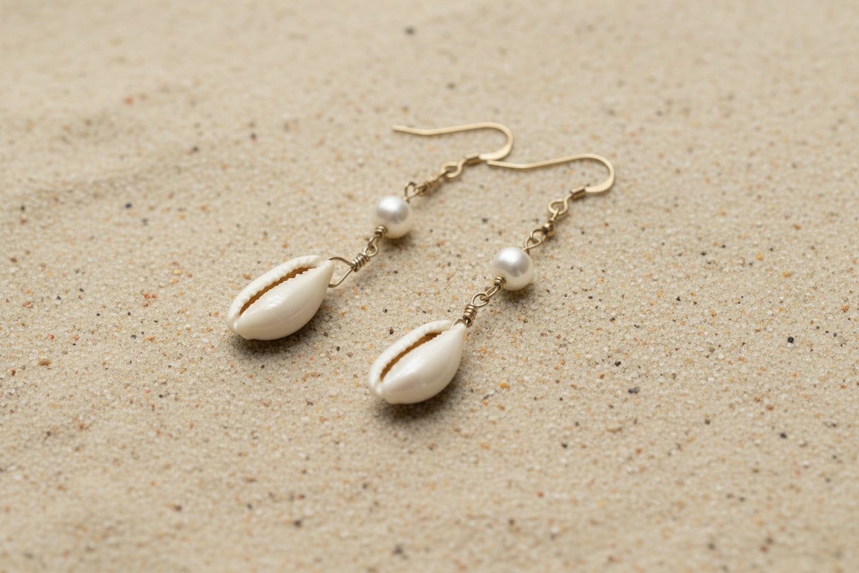 14k Gold Filled Earrings with cowrie shell and pearl