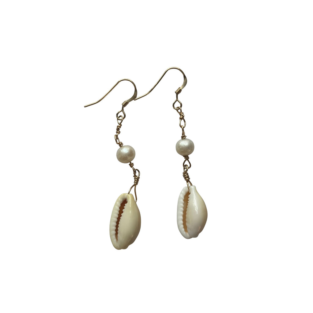 14k Gold Filled Earrings with cowrie shell and pearl