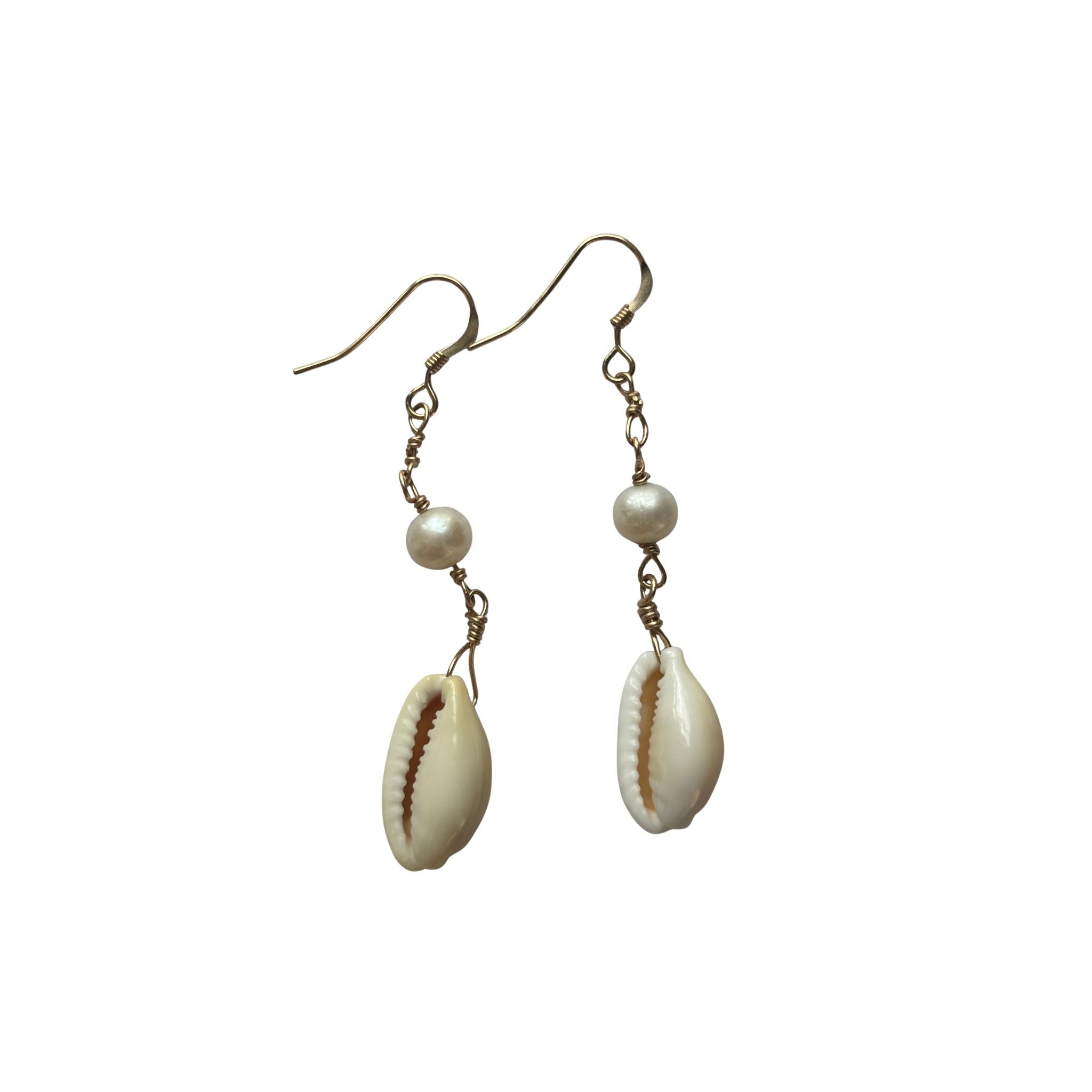 14k Gold Filled Earrings with cowrie shell and pearl