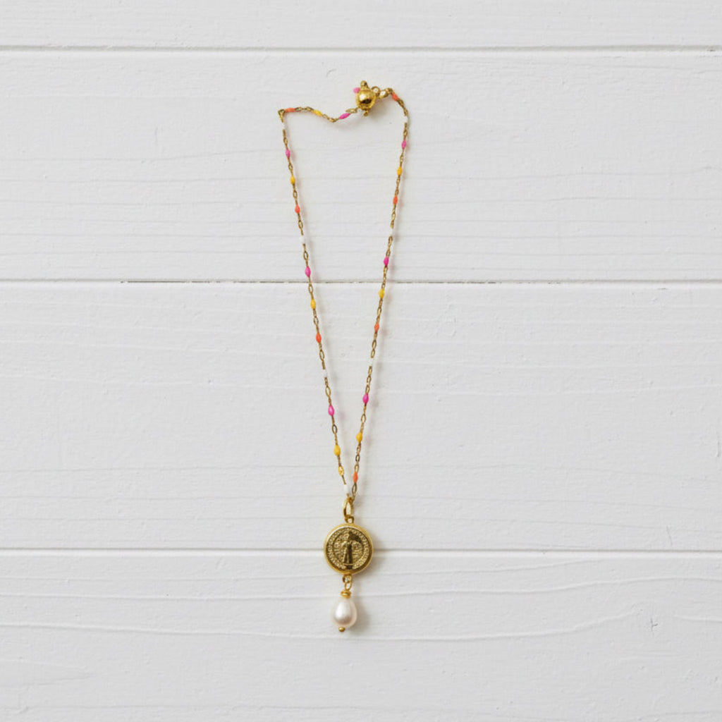 Gold plated chain with enamel beads and religious medal
