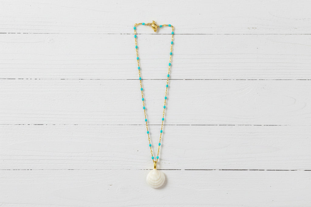 Gold plated  enamel bead necklace with shell pendant