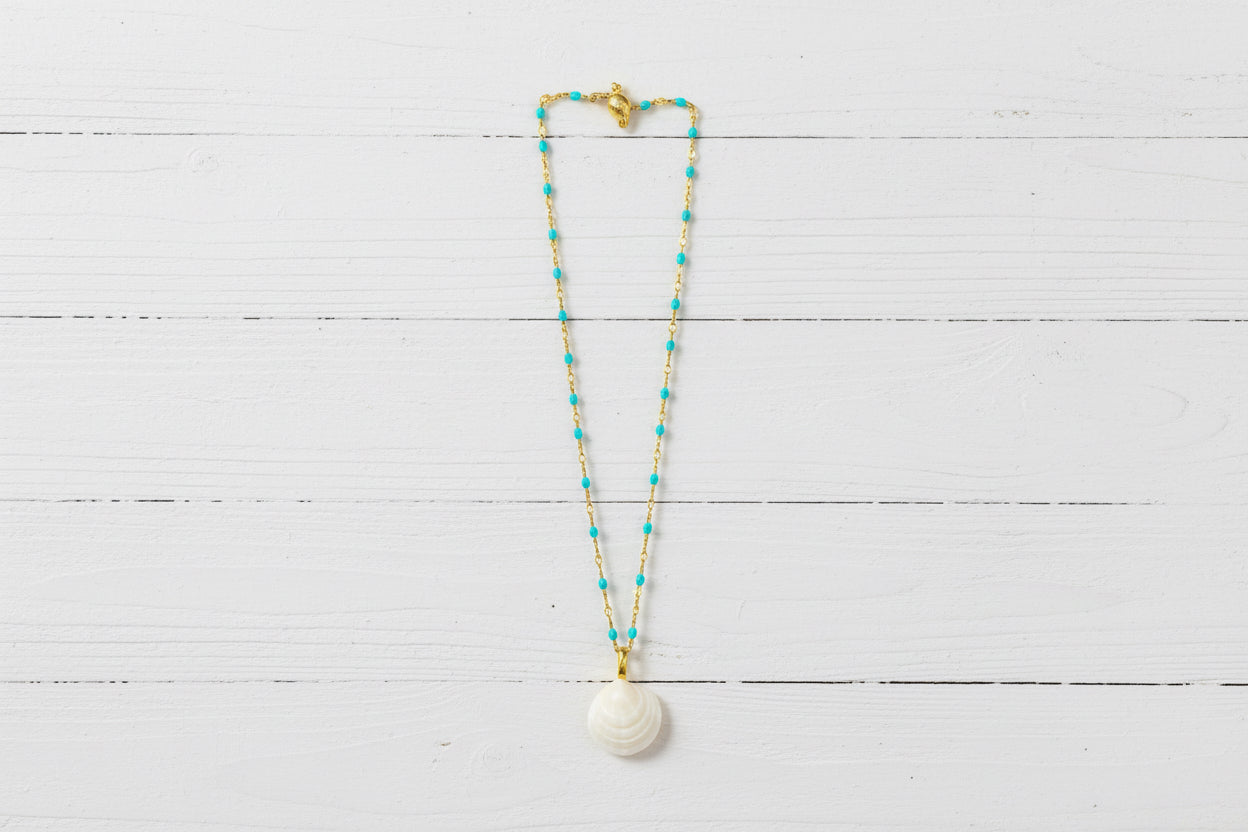 Gold plated  enamel bead necklace with shell pendant
