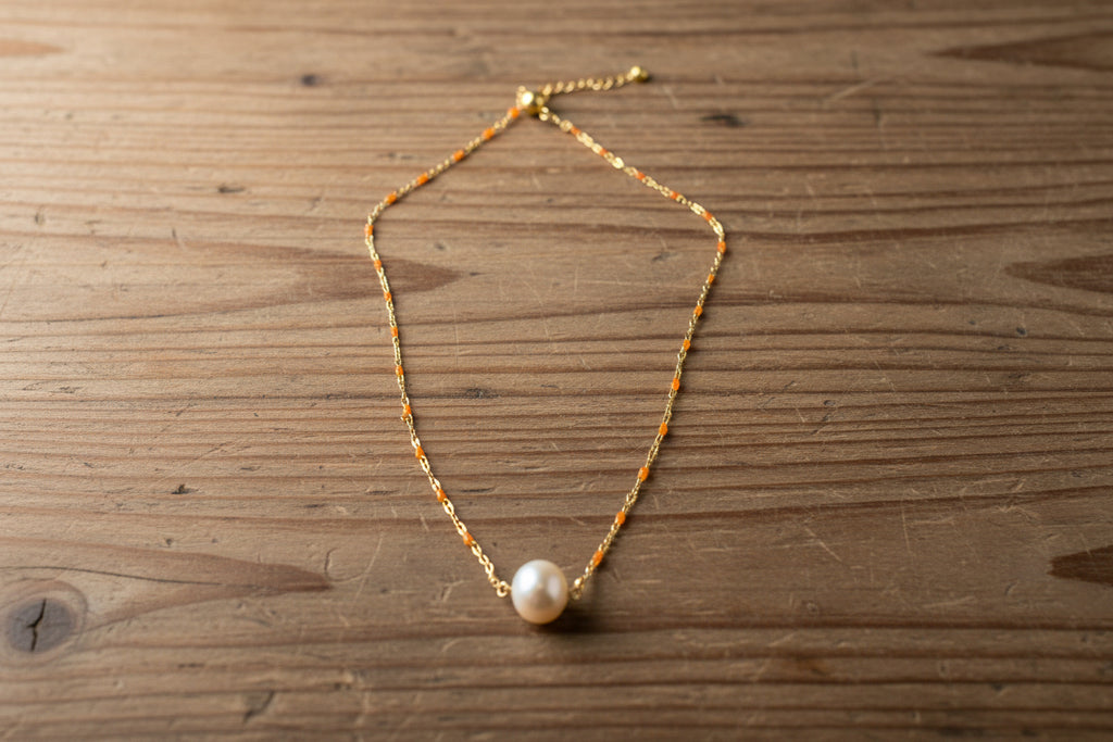 14k Gold Plated necklace with coral enamel beads and single pearl
