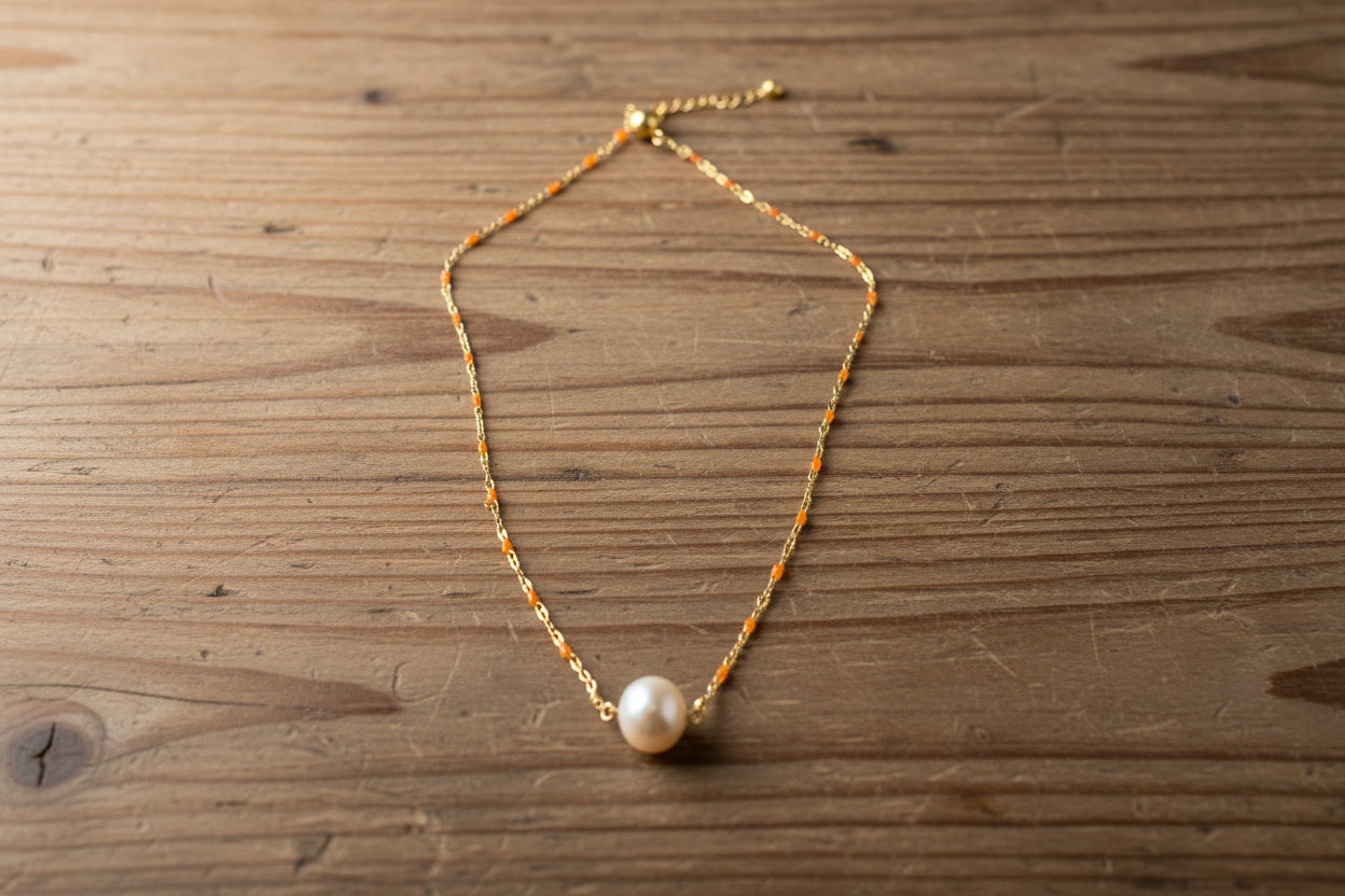 14k Gold Plated necklace with coral enamel beads and single pearl