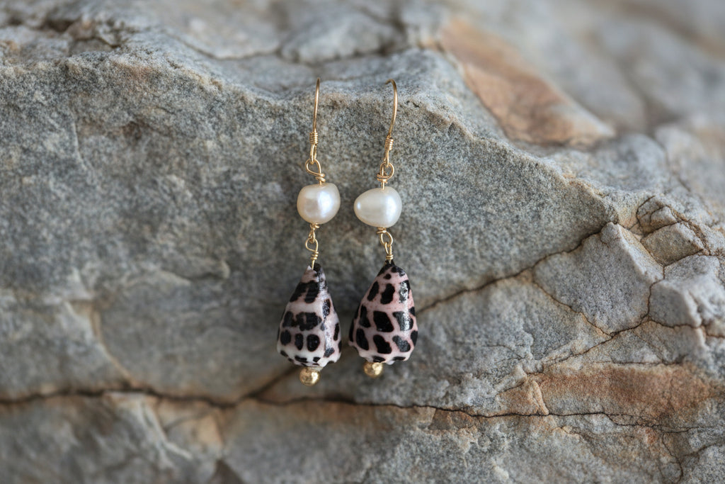 14K Gold filled earrings with cone shell and pearl