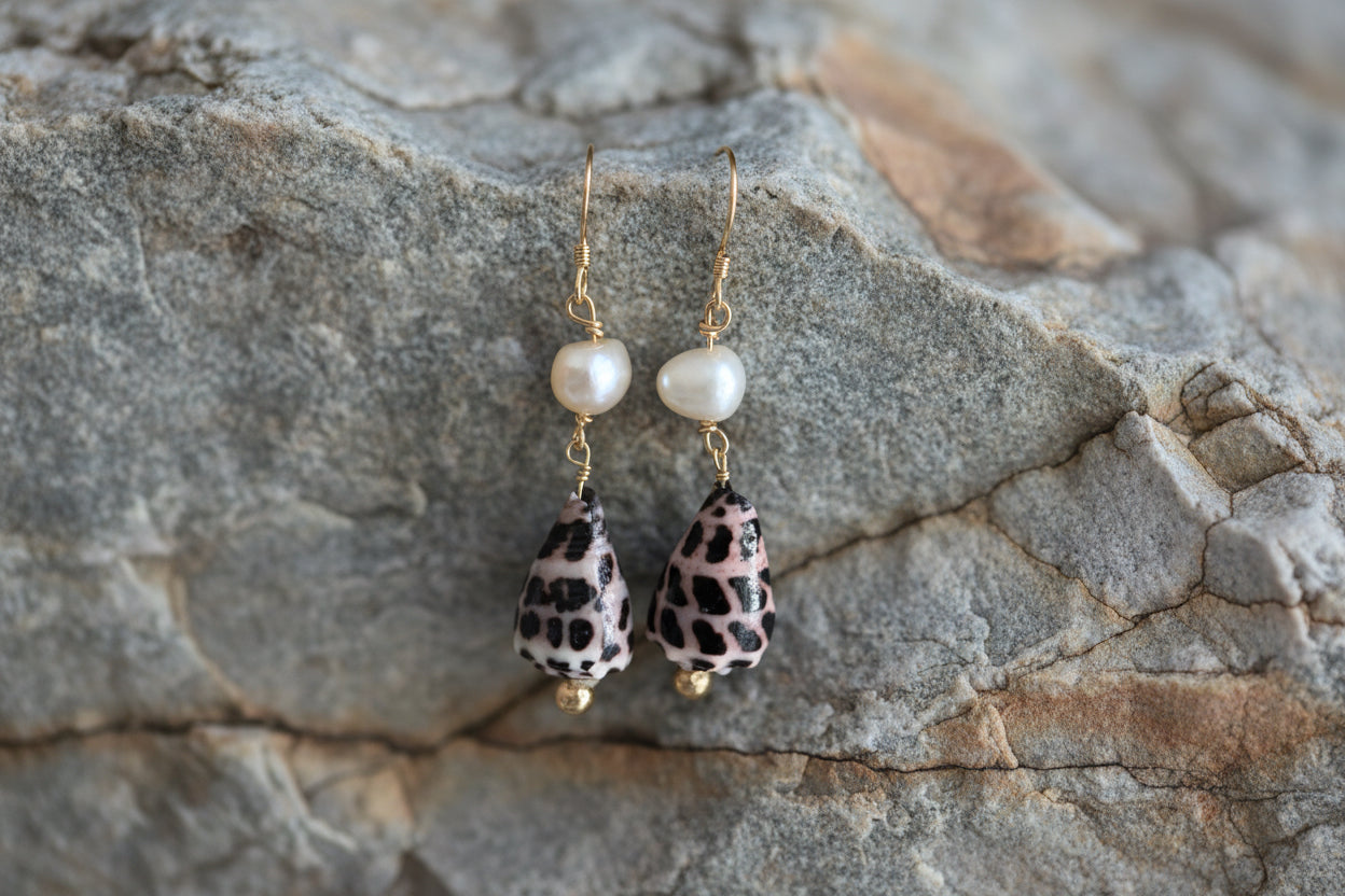 14K Gold filled earrings with cone shell and pearl