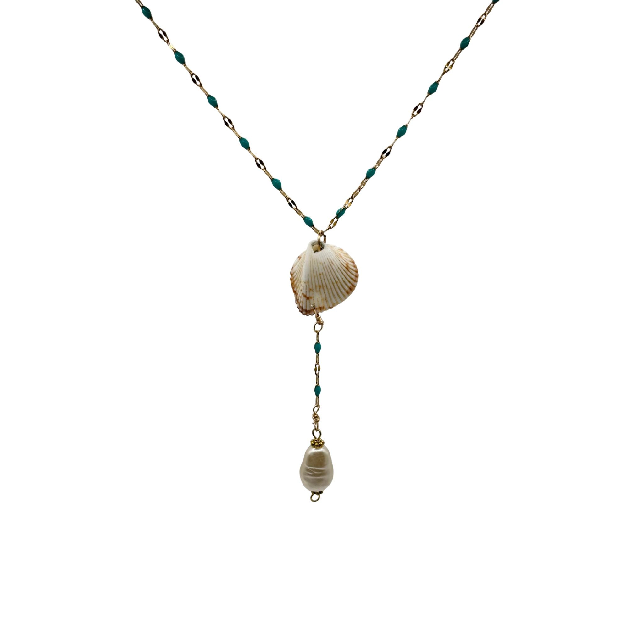 14K Gold plated shell necklace with drop pearl