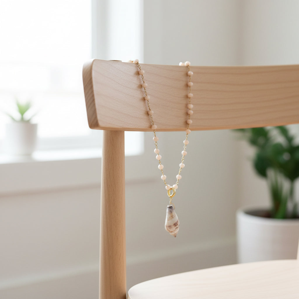 14K Gold Filled Necklace with faceted rose quartz  beads and cone shell