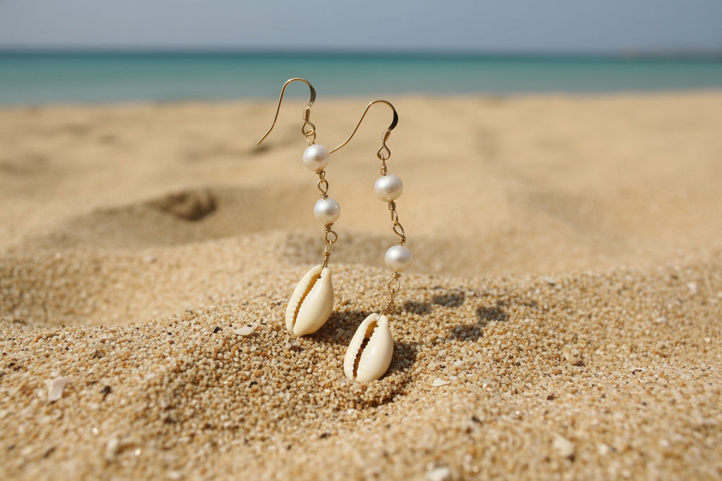 14K Gold Filled Earrings with cowrie shell & pearls