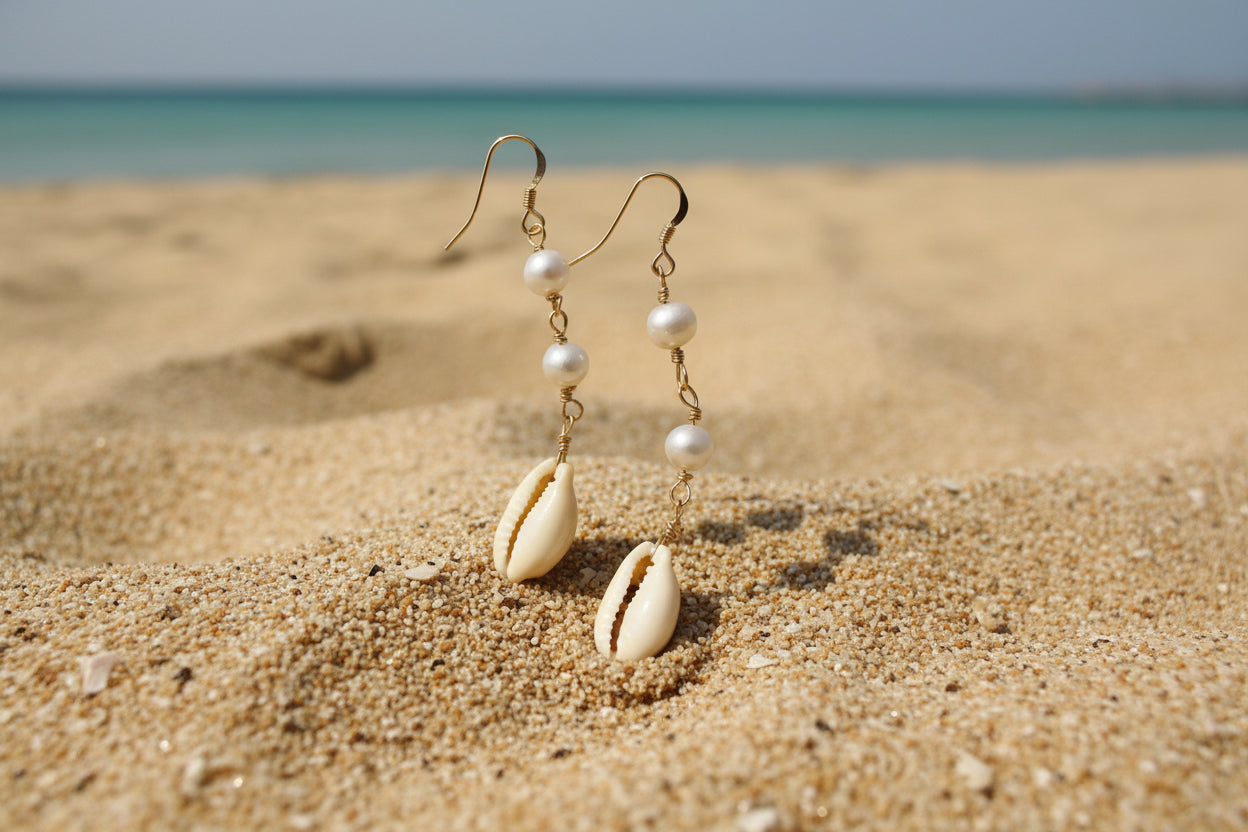 14K Gold Filled Earrings with cowrie shell & pearls