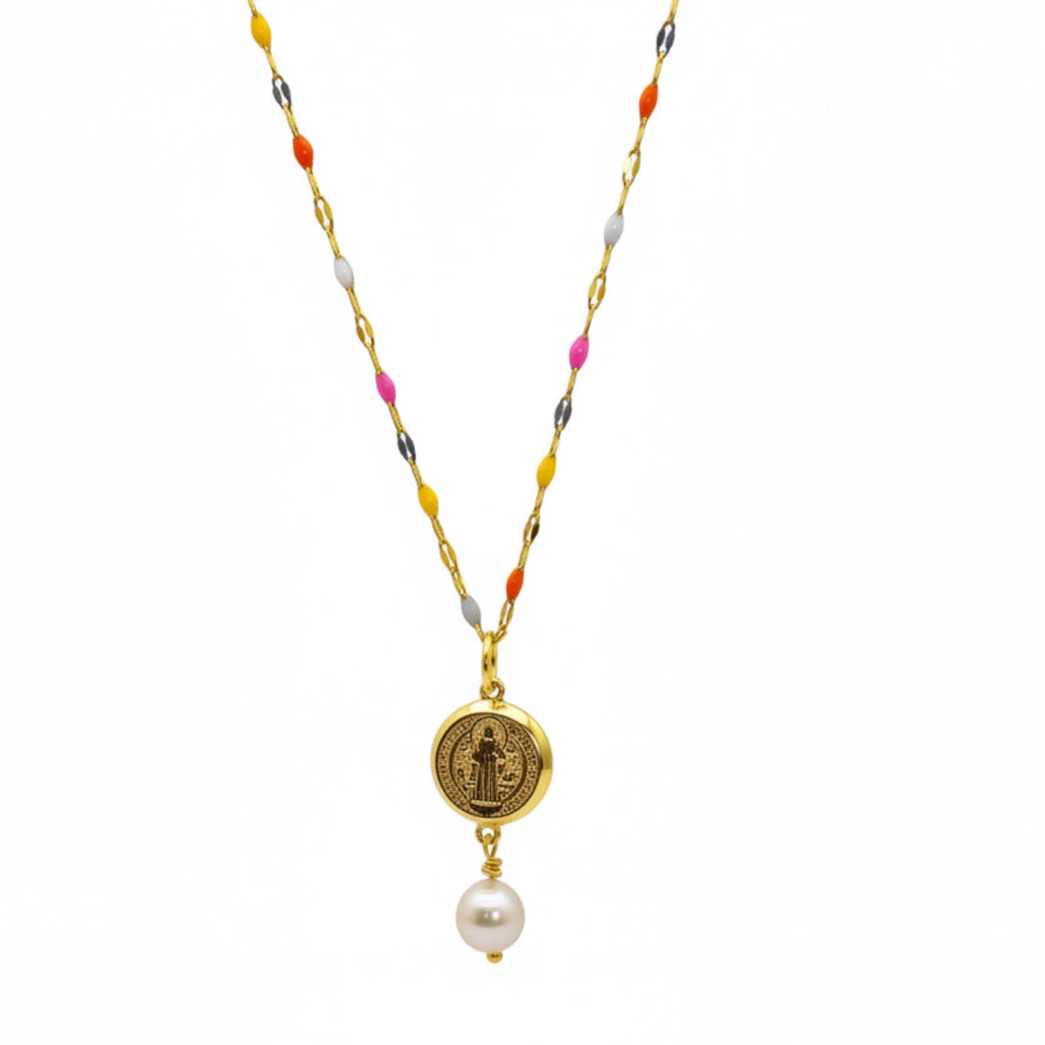 Gold plated chain with enamel beads and religious medal