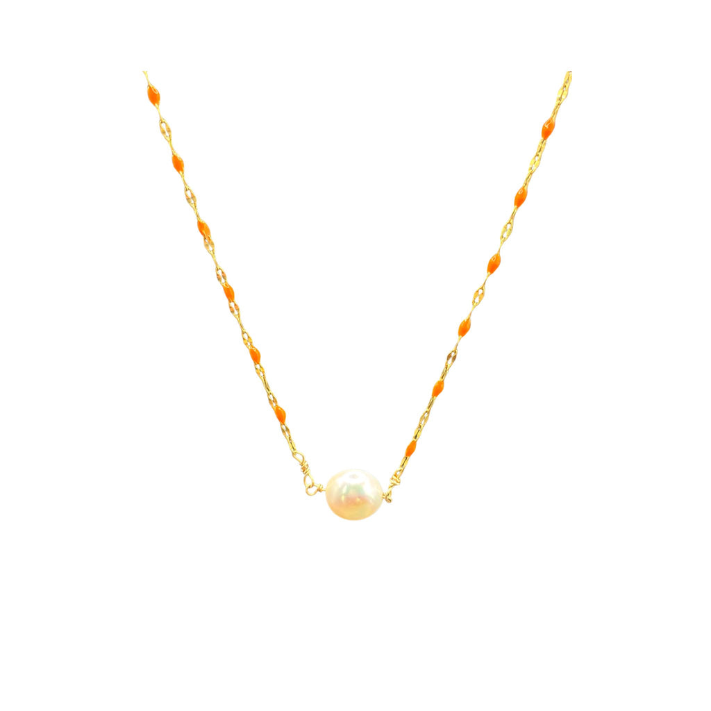 14k Gold Plated necklace with coral enamel beads and single pearl