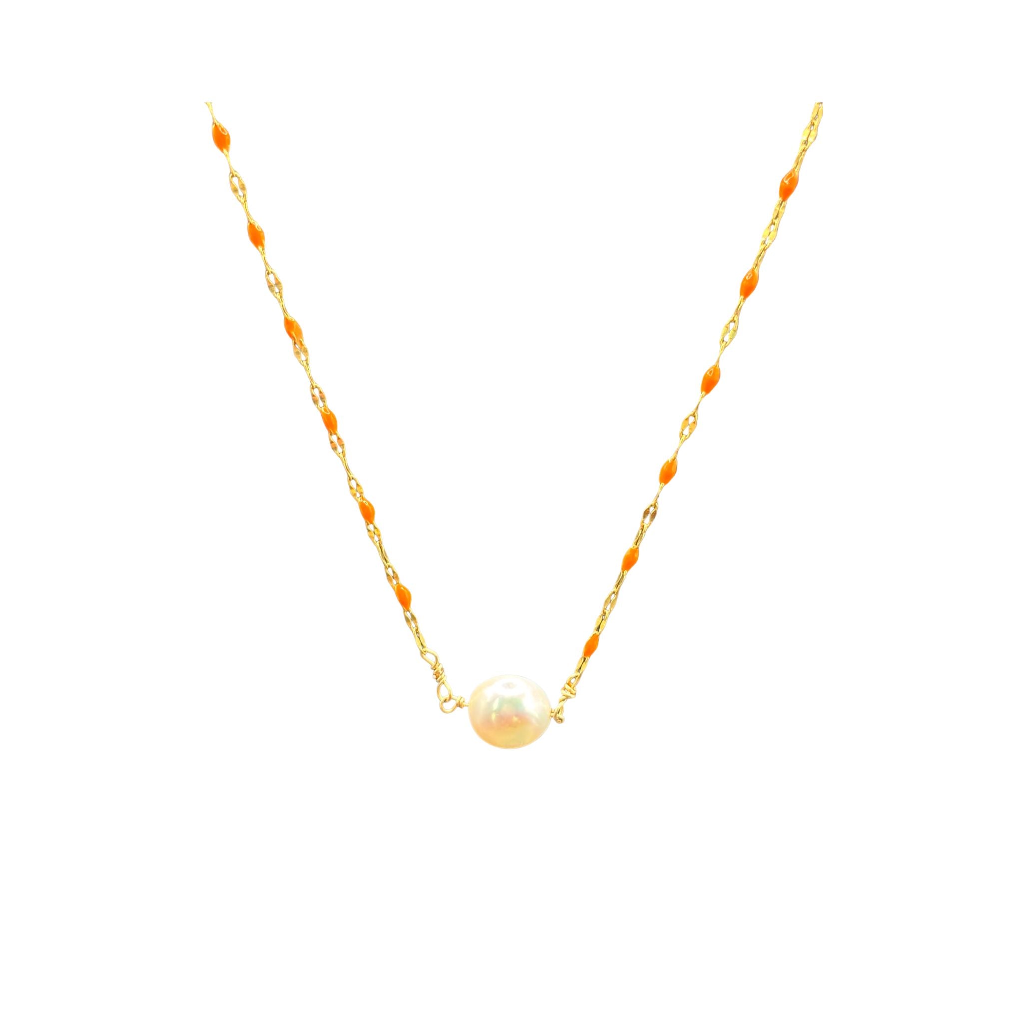 14k Gold Plated necklace with coral enamel beads and single pearl