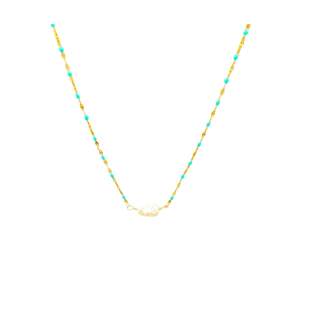 14K Gold plated necklace with enamel turquoise beads and single pearl