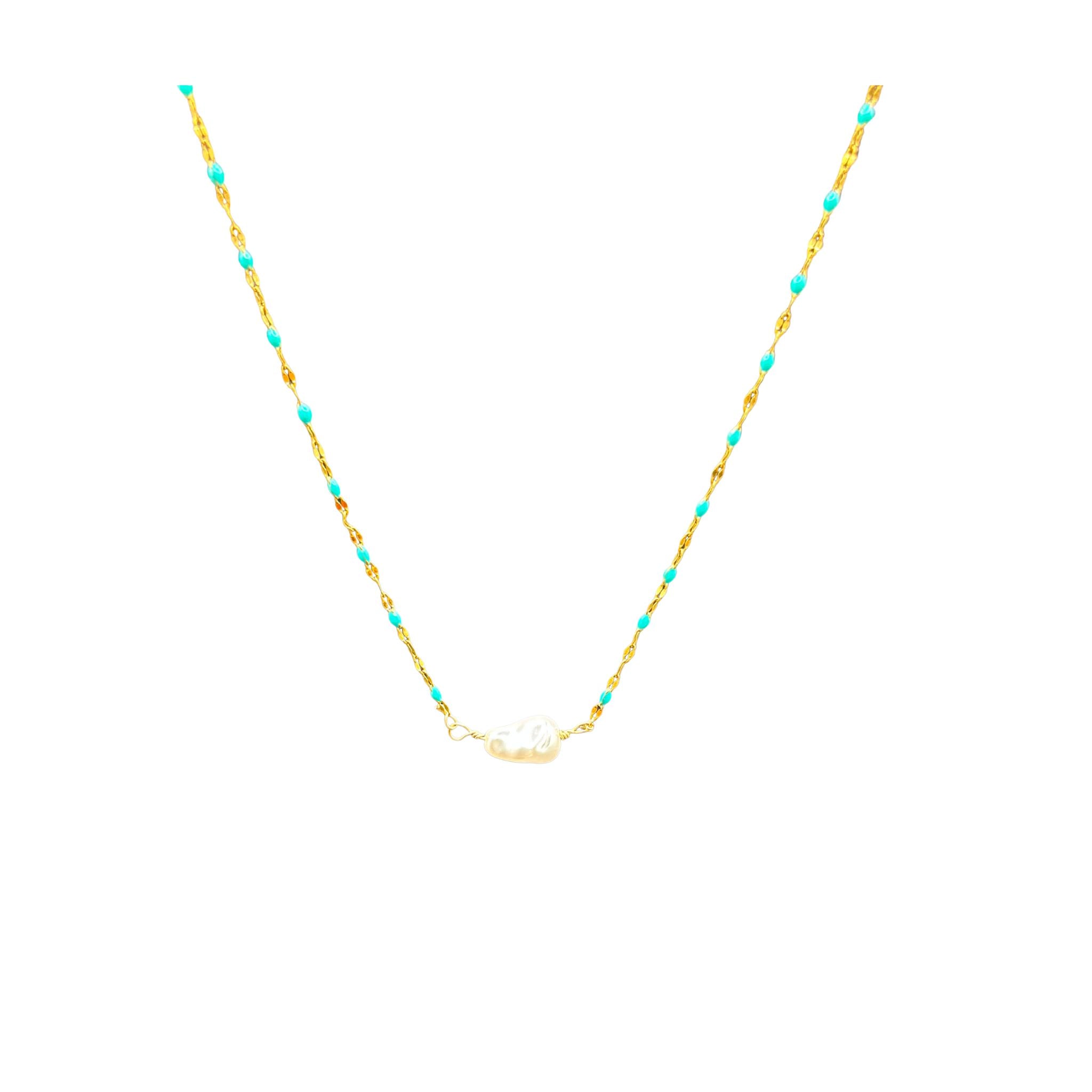 14K Gold plated necklace with enamel turquoise beads and single pearl