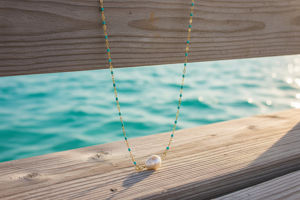 14K Gold plated necklace with enamel turquoise beads and single pearl