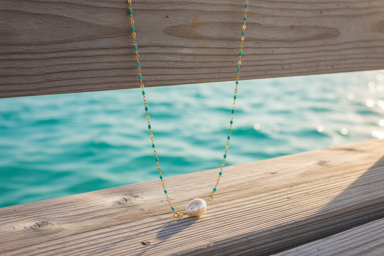 14K Gold plated necklace with enamel turquoise beads and single pearl