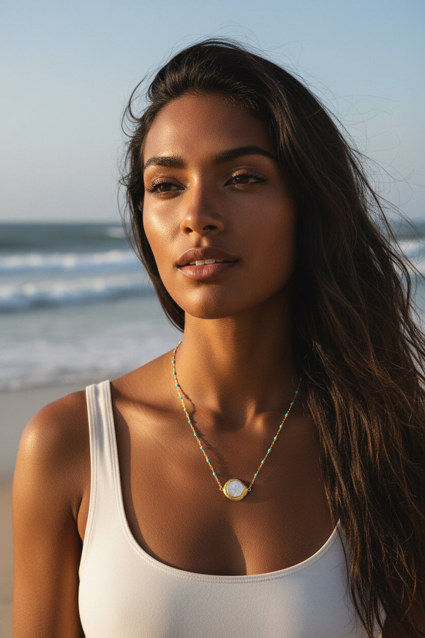 14K Gold Plated necklace with enamel beads and mother of pearl pendant