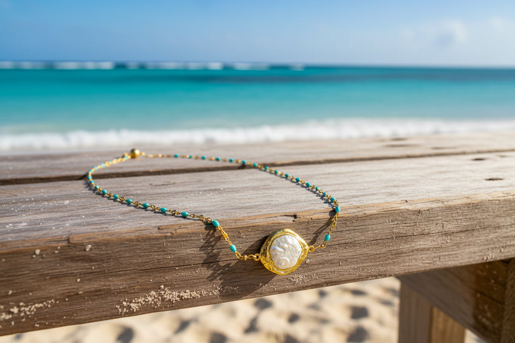 14K Gold Plated necklace with enamel beads and mother of pearl pendant