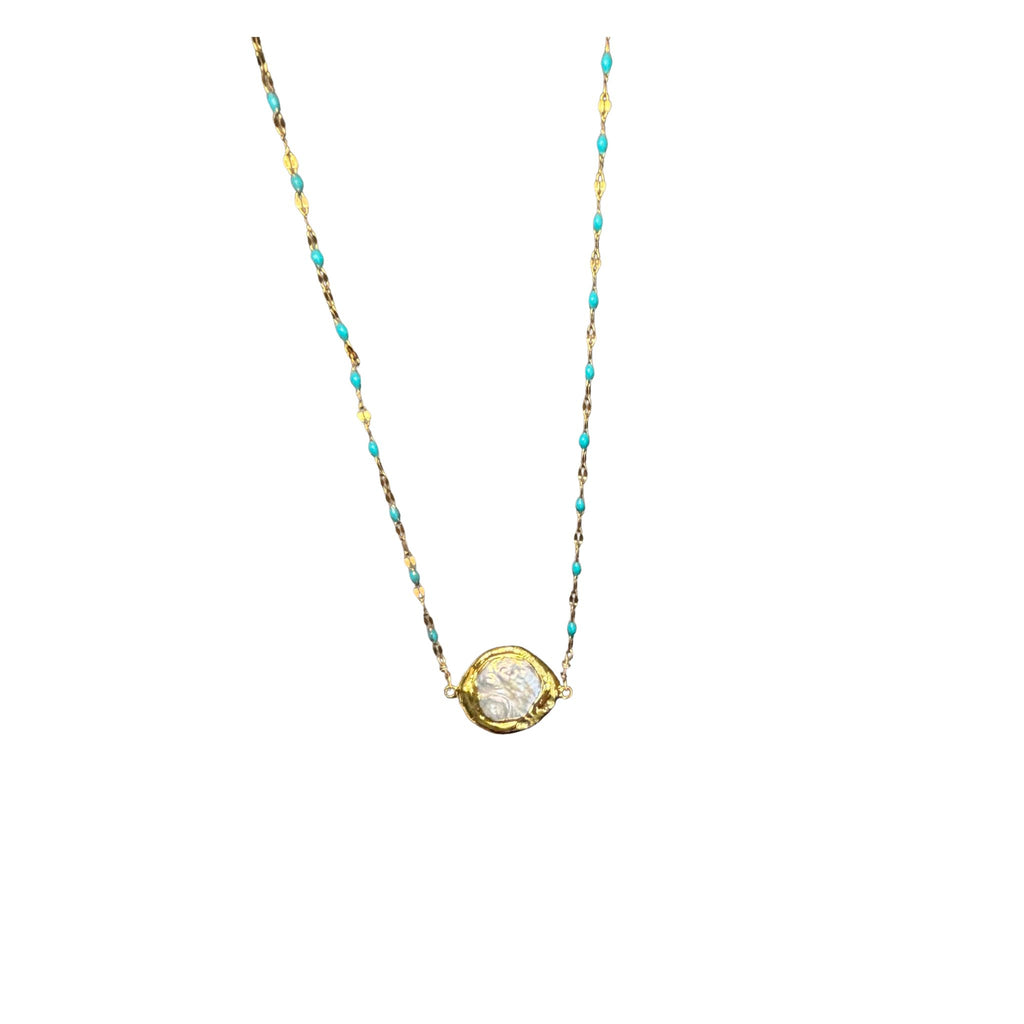 14K Gold Plated necklace with enamel beads and mother of pearl pendant