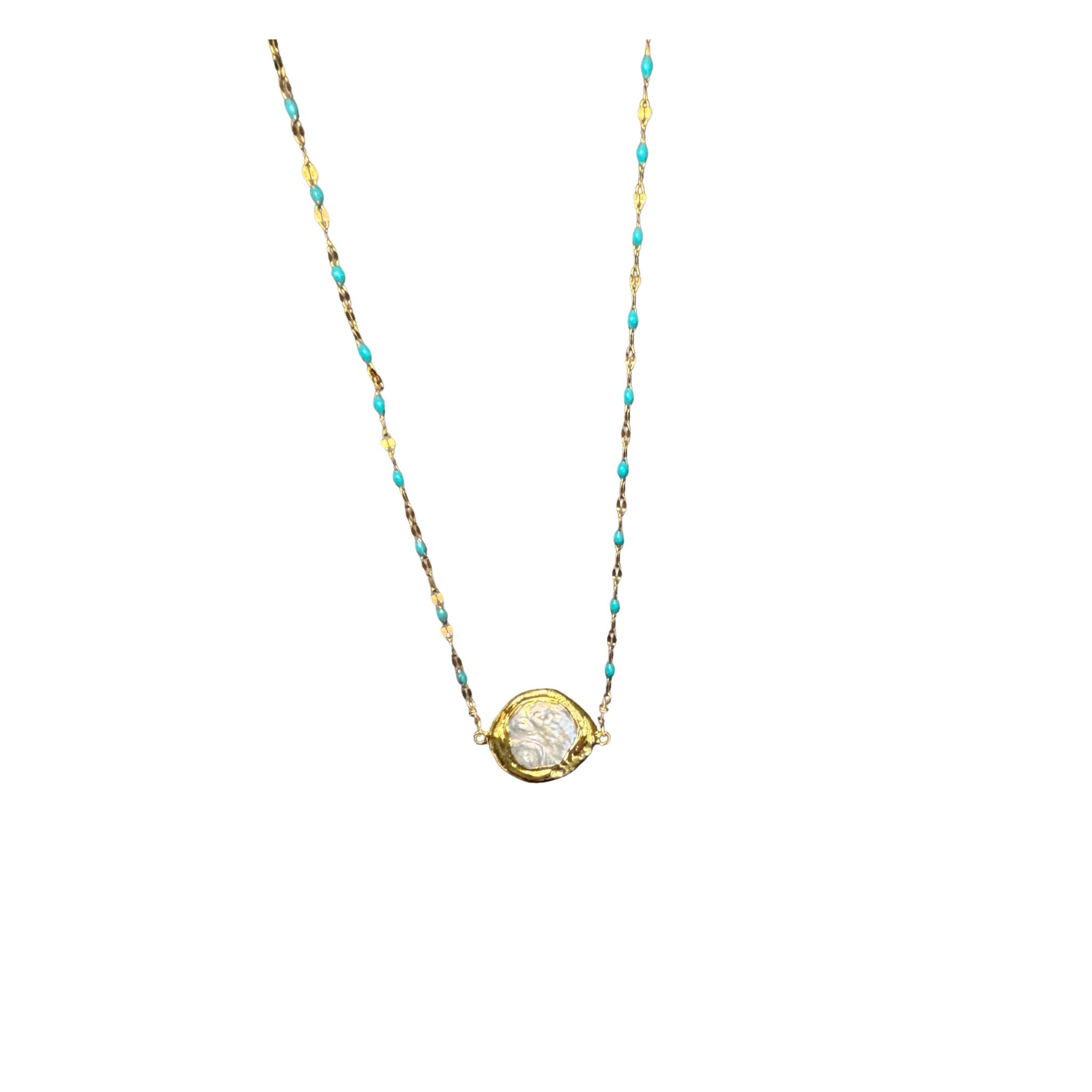 14K Gold Plated necklace with enamel beads and mother of pearl pendant