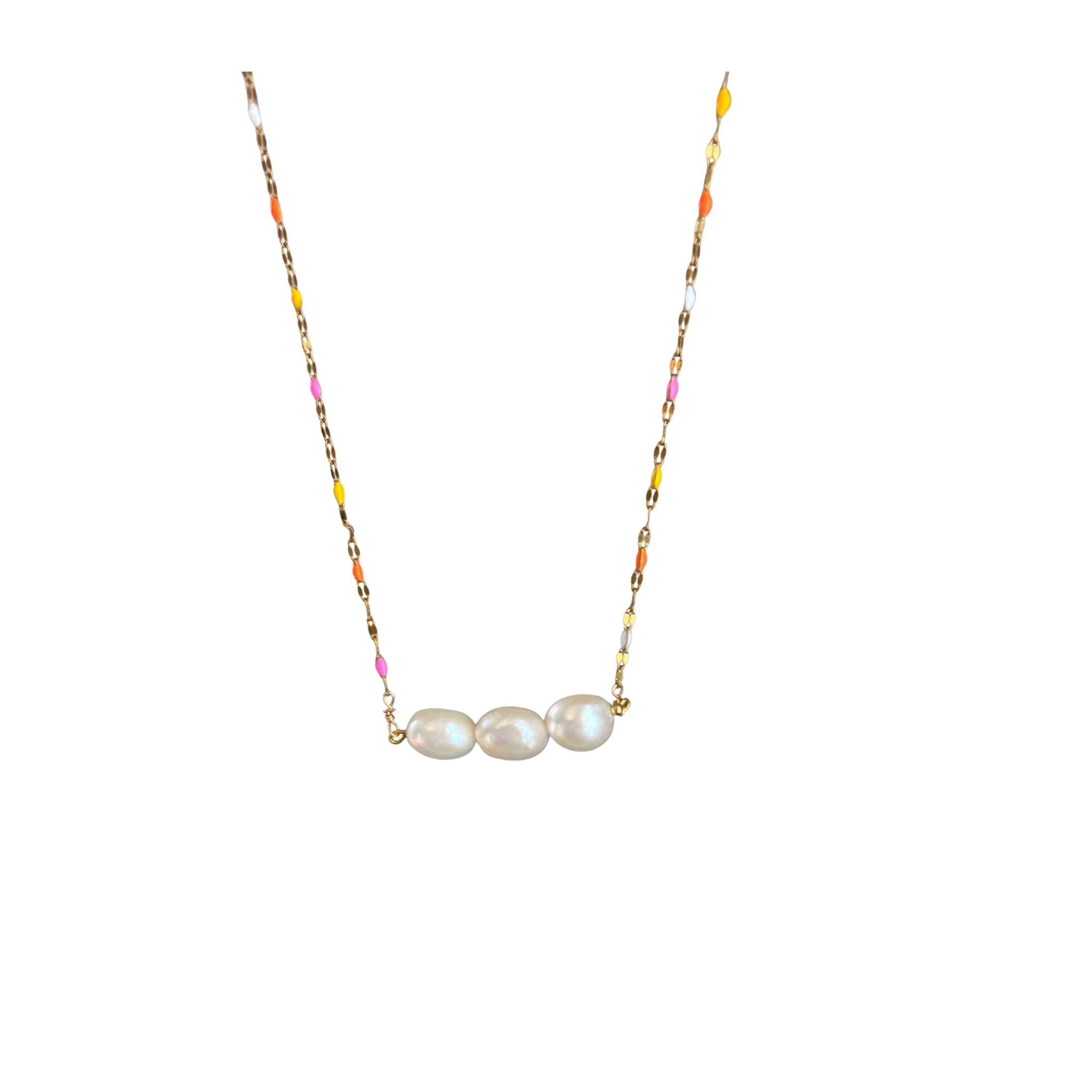 14K Gold Plated chain with enamel beads and three pearl connector