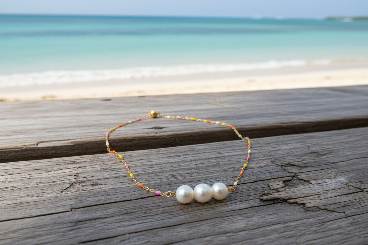 14K Gold Plated chain with enamel beads and three pearl connector